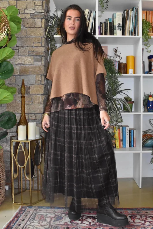 Enid Plaid Tulle Midi Skirt Chocolate